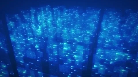 Blue digital data wall with glowing server rack panels and flowing light code Stockbeeldmateriaal 347354731