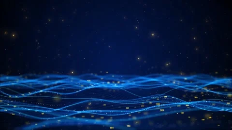 Blue digital data wave glowing numeric points, flowing lines, futuristic network Stock Footage 340471397