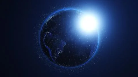 Blue digital earth covered with lines. Network concept. 스톡 일러스트
