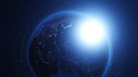 Blue digital earth covered with lines. Network concept. Illustrazione stock