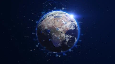 Blue digital earth covered with lines and numbers. Network concept. Illustrazione stock