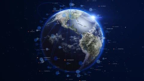 Blue digital earth covered with lines and numbers. Network concept. Illustrazione stock