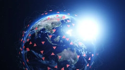 Blue digital earth covered with lines and colorful triangles. Network concept. Illustrazione stock