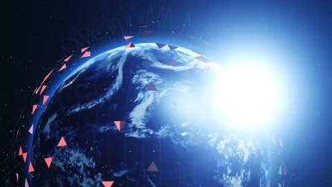 Blue digital earth covered with lines and colorful triangles. Network concept. Illustrazione stock