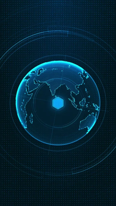 Blue digital earth network glowing Asia map, circular radar rings, dotted globe Stock Footage 340528520