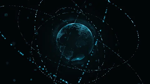 Blue digital earth sphere logo with particle ring circle rotation Stock Footage 254087001