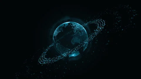 Blue digital earth sphere logo with particle ring circle rotation Stock Footage 254087192