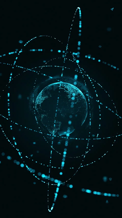 Blue digital earth sphere logo with particle ring circle rotation Stock Footage 275350602