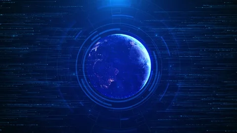 Blue digital Earth technology background glowing planet, fast data streaks Stock Footage 340084121