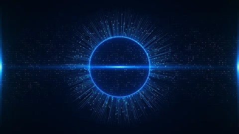Blue digital eclipse background glowing circular rim, radial data rays, dotted m Stock Footage 340403290