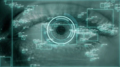 Blue digital eye with biometric data. Future innovation face identification hi Video stock 317222647