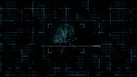 Blue digital fingerprint scanning, data processing and digital interface with ne Video stock 139619954