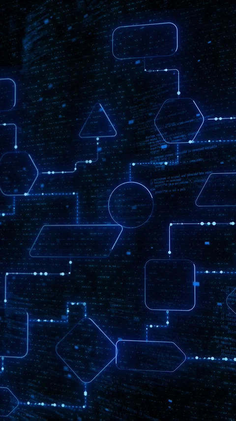 Blue digital flowchart interface nodes, connected shapes, code texture, matrix s Stock Footage 340577692