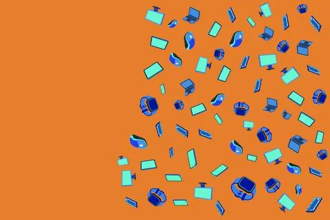Blue digital gadgets float against a warm orange backdrop Stock Illustration