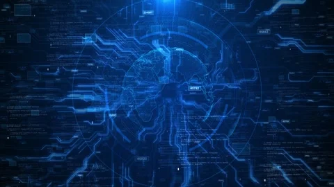 Blue digital globe background circuit lines, code layers, floating numbers, and Stock Footage 334101611
