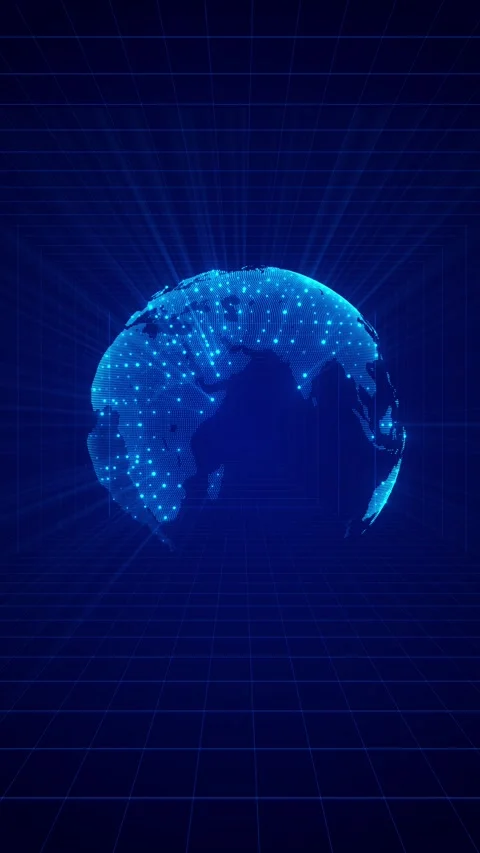 Blue digital globe background world map, perspective grid tunnel, futuristic net Stock Footage 340402198