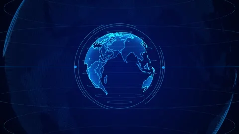 Blue digital globe background world map outlines, orbit rings, dark network spac Stock Footage 340469949