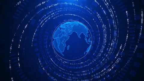 Blue digital globe binary circular code rings, world map center, deep technology Stock Footage 340457330
