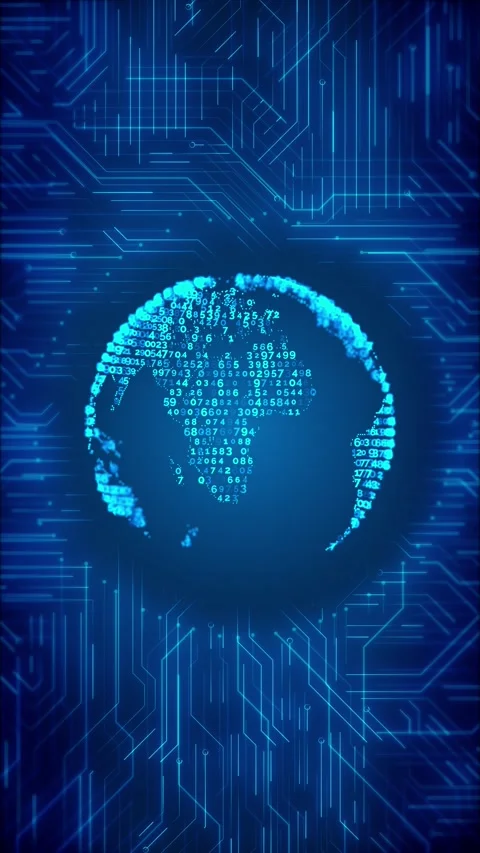 Blue digital globe circuit background with glowing number particles, circuit lin Stock Footage 340550378