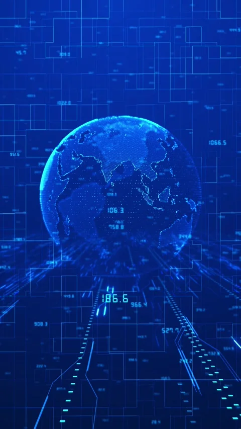 Blue digital globe data glowing Earth, numeric overlays, circuit paths, and futu Stock Footage 340525008