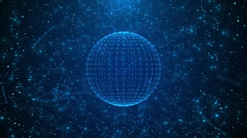 Blue digital globe glowing wire mesh, floating particles, connected network dept Stock Footage 340453046