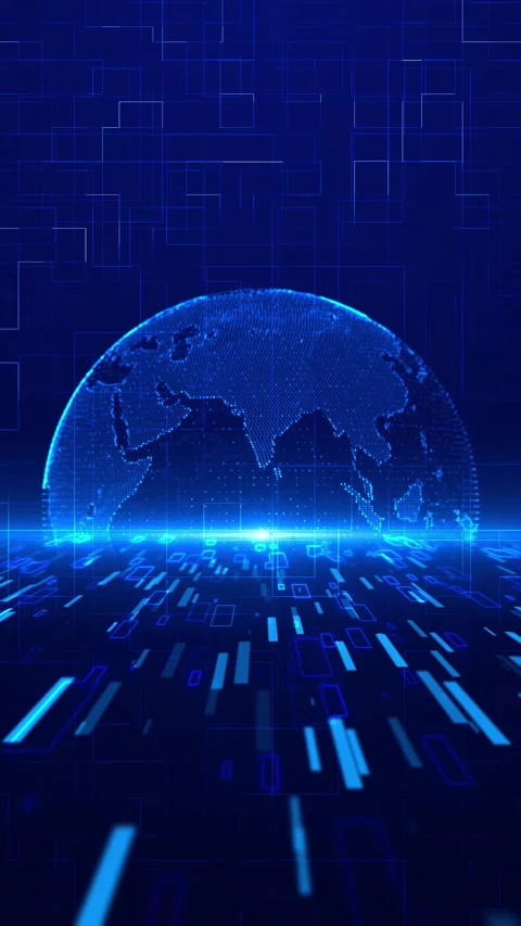 Blue digital globe horizon glowing earth, fast data blocks, floating rectangles, Stock Footage 340526891