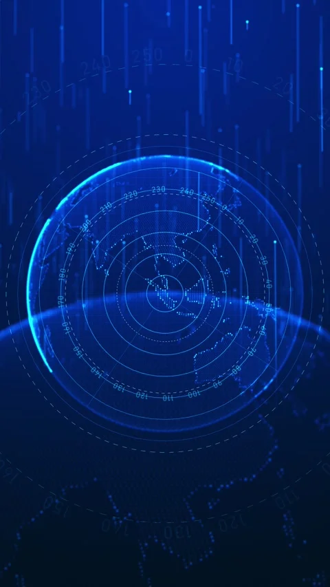Blue digital globe HUD radar circles, world map dots, falling data lines, and fu Stock Footage 340528269