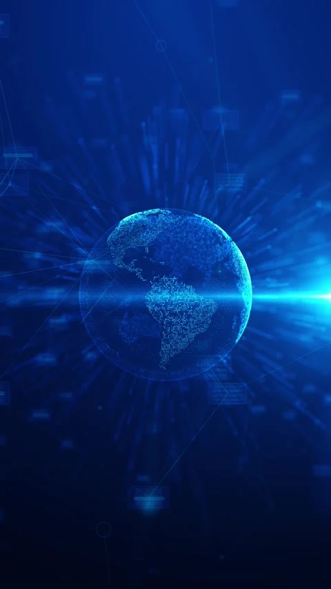 Blue digital globe network background with dotted earth sphere, radiant data lin Stock Footage 340555398