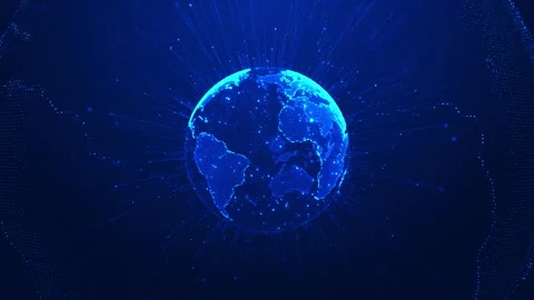 Blue digital globe network bright Earth sphere, radial data rays, world texture, Stock Footage 340568339