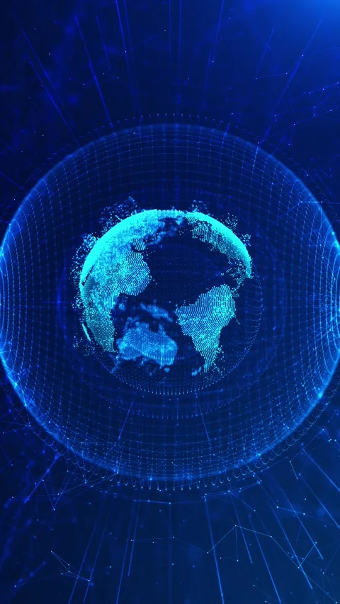 Blue digital globe network dotted world map, circular wire sphere, and connectin Stock Footage 340479830