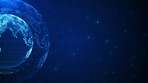 Blue digital globe network glowing world map, orbit lines, star particles, and d Stock Footage 340456275