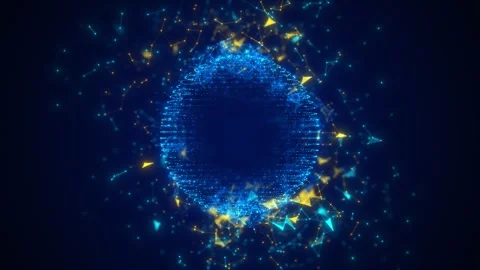 Blue digital globe network glowing particle sphere, cyan dots, golden connection Stock Footage 340457259