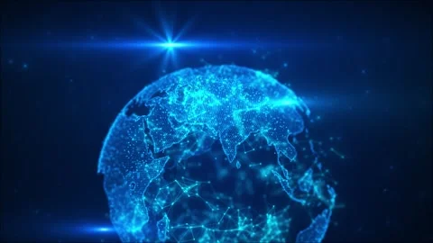 Blue digital globe network glowing world map, connected nodes, lens flares, dark Stock Footage 340470592