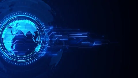 Blue digital globe technology background glowing world map, circuit paths, HUD r Stock Footage 340399123