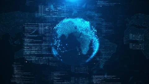 Blue digital globe world map particles, code panels, data networks, global techn Stock Footage 340456154