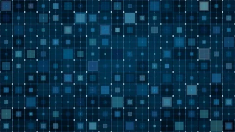 Blue digital grid background displays glowing square particles designed for Stock Footage 345990715