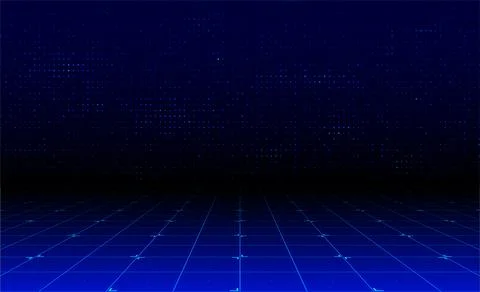 Blue digital grid flor with dotted wall. Gaming background for product pres.. Illustrazione stock
