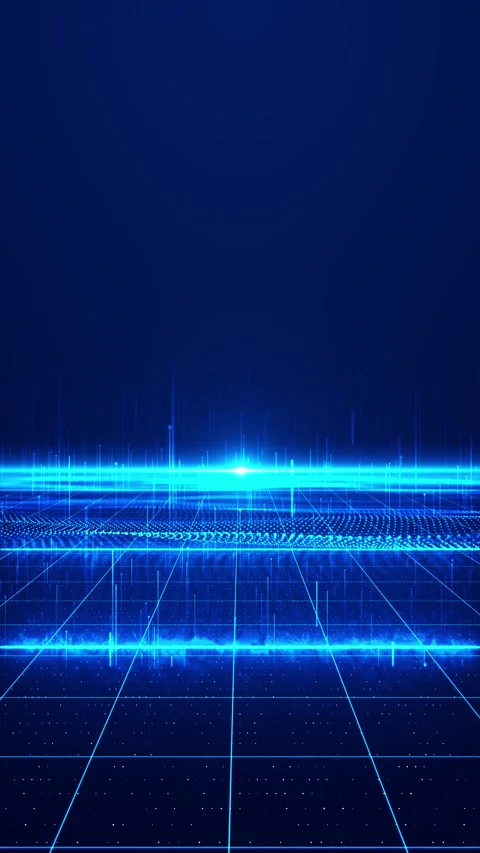Blue digital grid horizon bright laser line, glowing data floor, and deep futuri Stock Footage 340479279