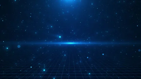 Blue digital grid horizon glowing particles, perspective floor lines, star dots, Stock Footage 340476864
