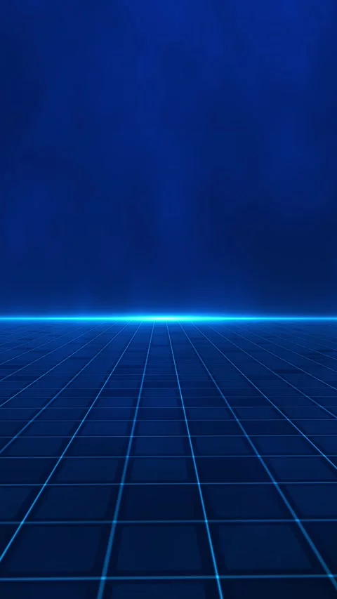 Blue digital grid horizon glowing floor lines, deep perspective, dark tech space Stock Footage 340566193