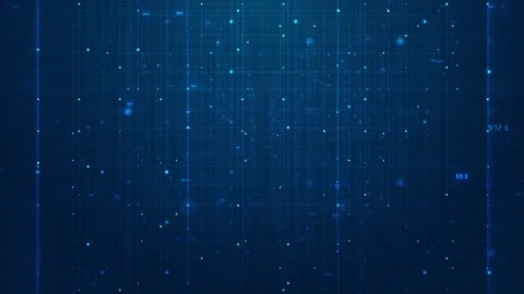 Blue digital grid rain falling vertical lines, glowing square particles, faint n Stock Footage 340526759
