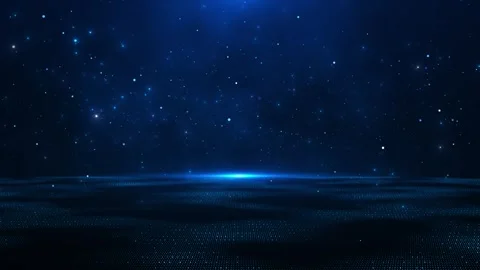 Blue digital horizon background glowing floor grid, floating particles, star lig Stock Footage 340452199