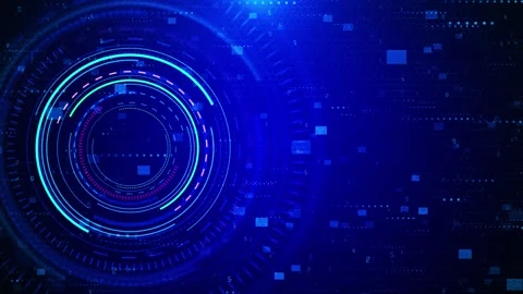 Blue digital HUD data background circular rings, hex pattern, floating squares, Stock Footage 340400418