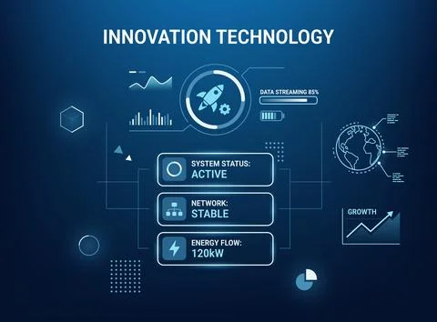 Blue digital HUD interface Innovation Technology with a rocket launch icon,.. Stock Illustration