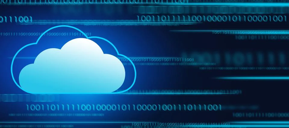 Blue digital illustration with binary code on banner by digital cloud Illustrazione stock