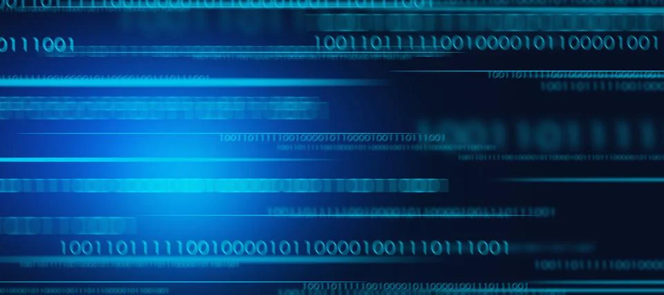 Blue digital illustration with a flowing binary code on a banner. Stock Illustration