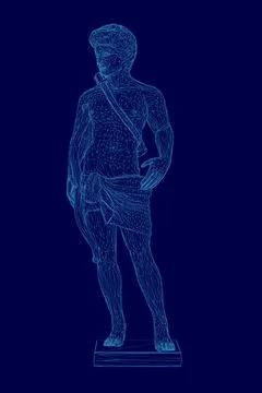 Blue digital image of a man standing on a pedestal. The man is wearing a Stock Illustration