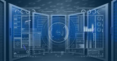 Blue digital interface displaying various graphs and numerical data dominates Stock Photos
