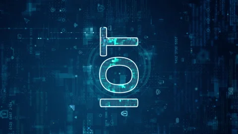 Blue digital IOT letter logo and futuristic circle HUD with big data Stock Footage 247258557