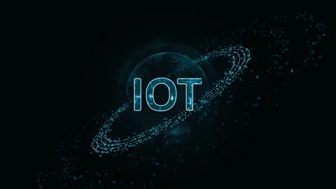 Blue digital IOT logo with particle ring circle rotation and earth sphere Stock Footage 255460218